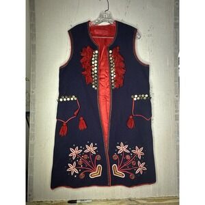 Vintage 1940s/50s Polish Folk‎ Embroidered Floral Patterned Navy Long Vest